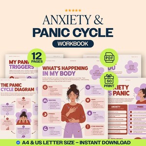 Può includere: Un quaderno di esercizi sul ciclo dell'ansia e del panico con 12 pagine di contenuti educativi. Le pagine includono diagrammi, testo e illustrazioni che spiegano sintomi fisici, fattori scatenanti e strategie in formato A4 e US letter.
