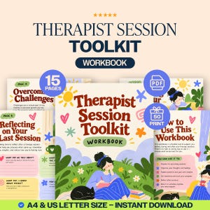 Pode incluir: Um caderno de exercícios Therapist Session Toolkit com 15 páginas nos tamanhos A4 e carta dos EUA. A capa mostra uma pessoa escrevendo em um caderno com um gato preto em um campo. Inclui seções como Reflecting on Your Last Session.