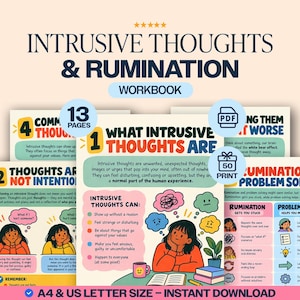 May include: A digital workbook titled Intrusive Thoughts & Rumination featuring 13 pages of educational content. The pages include colourful illustrations, text explaining intrusive thoughts, and rumination problem-solving guides in A4 and US letter size.