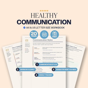 Könnte beinhalten: Ein digitales Arbeitsbuch mit dem Titel Healthy Communication, das 20 Seiten in den Formaten A4 und US Letter umfasst. Das Dokument enthält Abschnitte zu Kommunikationsstilen, Ich-Botschaften, klarem Nein-Sagen, Bedürfnissen und einem Wochenplaner.