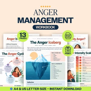 Pode incluir: Um caderno de exercícios de gestão da raiva com 13 páginas. A capa apresenta uma ilustração de um iceberg intitulada The Anger Iceberg, com seções de reflexão, um diagrama do ciclo da raiva e uma escala de intensidade de 1 a 10.