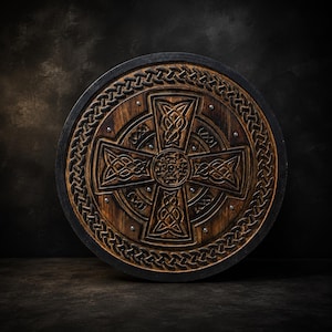 Peut inclure: Un bouclier circulaire en bois orné d'une croix celtique profondément sculptée au centre, entourée d'une bordure en entrelacs tressés. Le bois brun foncé est mis en valeur par un rebord extérieur noir et de petits clous métalliques argentés.