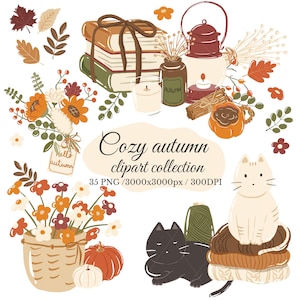 Pode incluir: Um conjunto de ilustrações digitais com tema de outono, incluindo livros empilhados, uma lanterna, velas, uma caneca de abóbora, arranjos florais numa cesta, abóboras e dois gatos, com o texto Cozy autumn clipart collection 35 PNG 3000x3000px 300DPI.