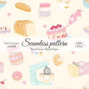 Pode incluir: Um padrão digital sem costuras com ilustrações de pastelaria desenhadas à mão sobre fundo creme, incluindo bolo, batedeira, granulado, açúcar, manteiga, pão e donuts. Texto: Seamless pattern, 12x12 inches, 300DPI, 2 JPG, 1 PNG.