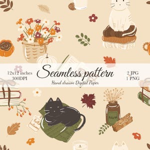 Op de afbeelding: Een naadloos digitaal patroon met handgetekende illustraties van katten op gebreide truien, bloemenmanden, stapels boeken, pompoenen, herfstbladeren en kaneelstokjes op een beige achtergrond met de tekst Seamless pattern 12x12 inches.
