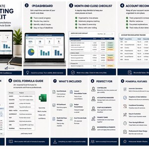 May include: The Ultimate Accounting Toolkit is a digital product featuring a KPI dashboard, month-end close checklist, account reconciliation tracker, budget reconciliation, and an Excel formula guide. It includes ten sections detailing features, usage, and download steps for finance professionals.