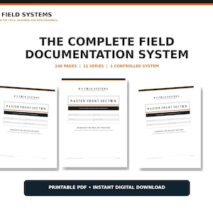 May include: A digital document set titled WV Field Systems, The Complete Field Documentation System, 248 Pages, 11 Series, 1 Controlled System. Three white pages display Master Front Section headers with black and orange accents and text.