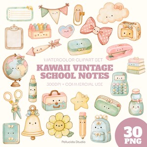 Op de afbeelding: Een digitale aquarel clipartset getiteld Kawaii Vintage School Notes met 30 PNG-illustraties van schoolbenodigdheden, waaronder een wereldbol, rekenmachine, rugzak, schaar, boeken, nietmachine, potlood en diverse items met schattige gezichtjes.