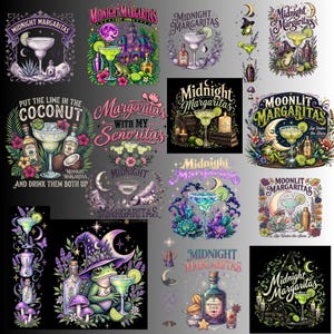 May include: A collection of digital illustrations featuring margarita cocktails, frogs, moons, stars, and botanical elements. Text includes Midnight Margaritas, Put the Lime in the Coconut, and Margaritas with my Senoritas, displayed in various fonts.