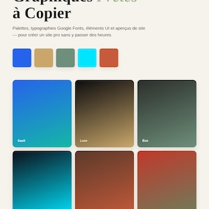 Peut inclure: Un document de kit de design intitulé 30 Chartes Graphiques Prêtes à Copier, présentant des palettes de couleurs, des polices Google Fonts, des éléments d'interface et des aperçus de sites. Il inclut six carrés de dégradés nommés SaaS, Luxe, Éco, Tech, Café et Food.
