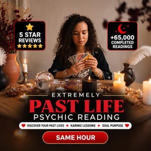 May include: A psychic reading service advertisement featuring text that reads EXTREMELY PAST LIFE PSYCHIC READING, 5 STAR REVIEWS, +65,000 COMPLETED READINGS, DISCOVER YOUR PAST LIVES, KARMIC LESSONS, SOUL PURPOSE, and SAME HOUR, with a person holding tarot cards.