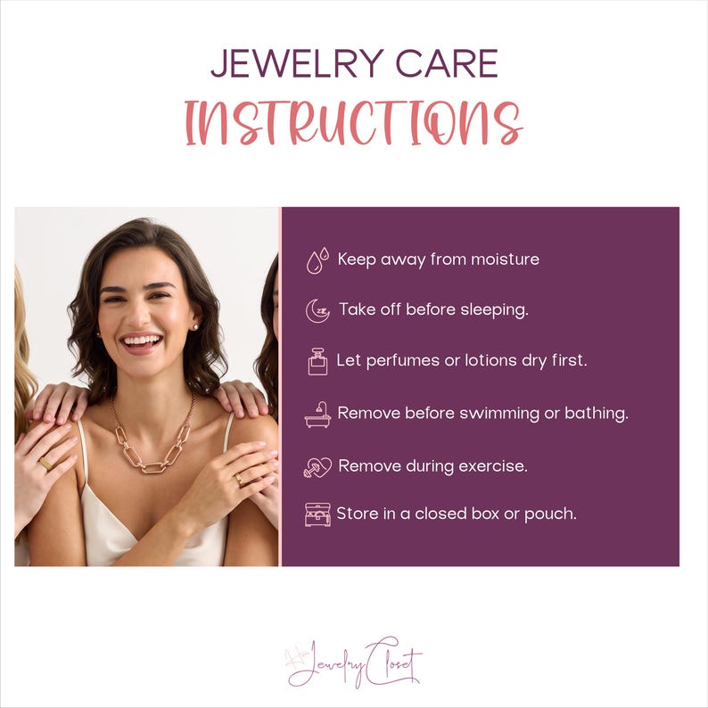 Puede incluir: Un gr&aacute;fico de instrucciones para el cuidado de joyas con texto e iconos. Indica: Mantener alejado de la humedad, quitar antes de dormir, dejar secar perfumes o lociones primero, quitar antes de nadar o ba&ntilde;arse, quitar durante el ejercicio, guardar en una caja o bolsa cerrada.