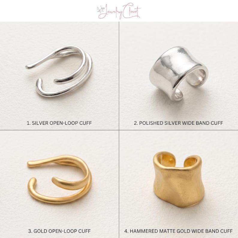 Puede incluir: Cuatro pendientes tipo ear cuff mostrados en una cuadr&iacute;cula. 1. Ear cuff abierto de plata. 2. Ear cuff de banda ancha de plata pulida. 3. Ear cuff abierto dorado. 4. Ear cuff de banda ancha dorado mate martillado. Las piezas est&aacute;n etiquetadas.