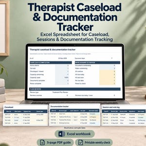 May include: A digital therapist caseload and documentation tracker displayed on a laptop screen, featuring tables for client status, session logs, and plan reviews. Includes an Excel workbook, a 5-page PDF guide, and a printable weekly check.
