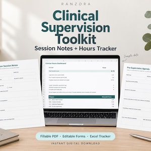 Clinical Supervision Toolkit, Session Notes and Excel Hours Tracker, Fillable PDF, Editable Forms