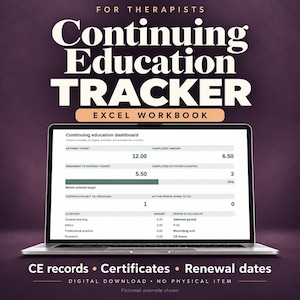 Op de afbeelding: Een laptopscherm toont een Excel-werkmapdashboard voor het bijhouden van nascholing voor therapeuten. De interface bevat gegevensvelden voor doelen, voltooide bedragen en categorieën. De tekst bovenaan luidt FOR THERAPISTS CONTINUING EDUCATION TRACKER EXCEL WORKBOOK.