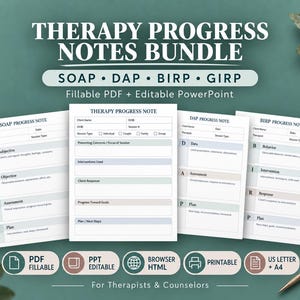 Therapy Progress Notes Bundle: SOAP, DAP, BIRP, Girp, Fillable pdf and Editable PowerPoint