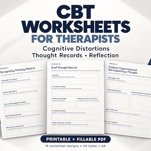 Può includere: Un set di schede di lavoro TCC per terapeuti con distorsioni cognitive, registri dei pensieri ed esercizi di riflessione. I documenti includono sezioni per riconoscere i modelli di pensiero e valutare le prove in un formato PDF stampabile.