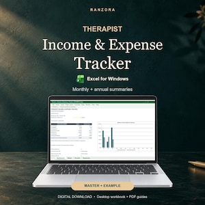May include: A laptop displaying a Therapist Income & Expense Tracker Excel for Windows spreadsheet with monthly and annual summaries. The screen shows financial data tables and a bar chart. Text includes RANZORA, MASTER + EXAMPLE, and DIGITAL DOWNLOAD.