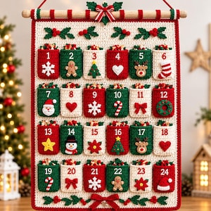 Mönster för virkad adventskalender i PDF-format | Väggbonad med 24 fickor | Enkelvirkade julmotiv | Avancerad nybörjare/mellannivå | 86 x 51 cm