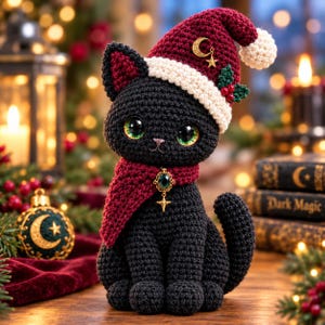May include: A black crocheted cat figurine wearing a dark red scarf with a gold-toned star pendant and a matching dark red Santa hat with a white brim, a gold crescent moon and star pin, and green holly berries with leaves.