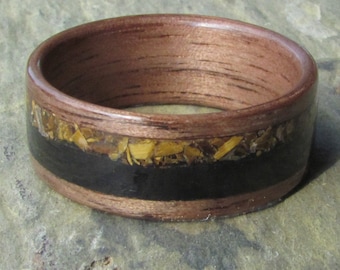 Walnut Bentwood Ring with an Inlay of Tigers Eye and Black Acrylic Wedding Ring - Anniversary Ring