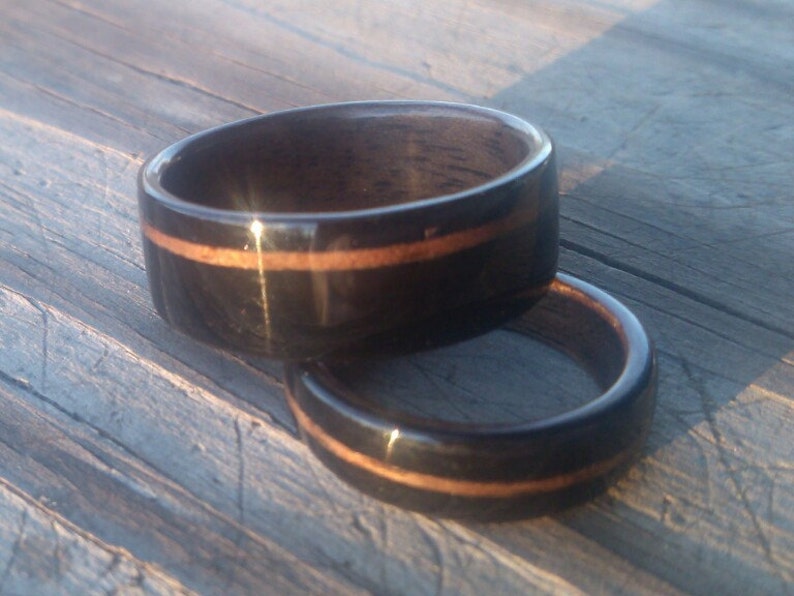 Ebony Bentwood Ring Set with Walnut Liner and Offset and Middle Walnut Inlay Wedding Band, Anniversary Ring image 1