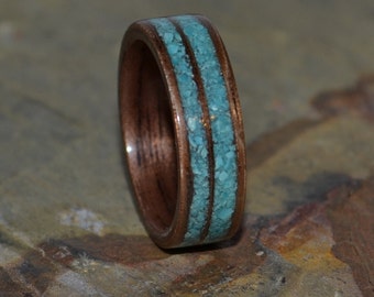 Anello in legno di noce realizzato a mano con doppio intarsio in turchese - Fede nuziale unica, gioielli per l'anniversario