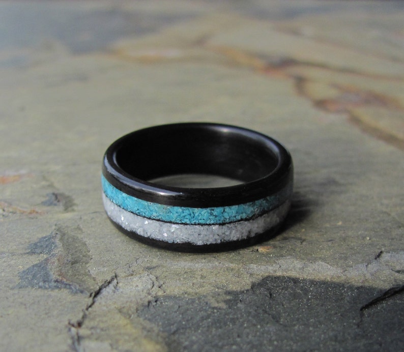 Ebony Bentwood Ring with Crushed Mother of Pearl and Crushed Turquoise Inlay Wedding Ring Anniversary Ring image 2