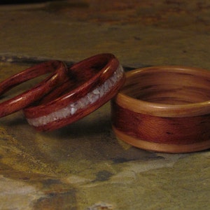 Handcrafted Wedding Set, Oak Wooden Ring with Bubinga and Mother of Pearl Inlay
