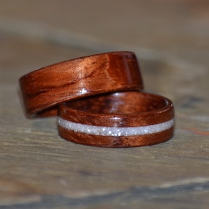 Handcrafted Bubinga Bentwood Wedding Band with mother of pear inlay, perfect for 5th year anniversary gift