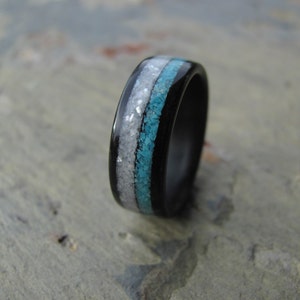 Ebony Bentwood Ring with Crushed Mother of Pearl and Crushed Turquoise Inlay Wedding Ring Anniversary Ring image 1