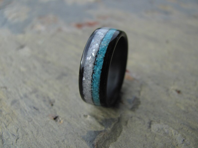 Ebony Bentwood Ring with Crushed Mother of Pearl and Crushed Turquoise Inlay Wedding Ring Anniversary Ring image 1