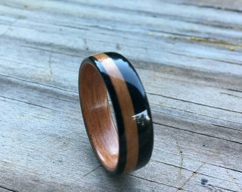 Handmade Ebony Bentwood Ring with Cherry Liner and off Center Cherry Inlay