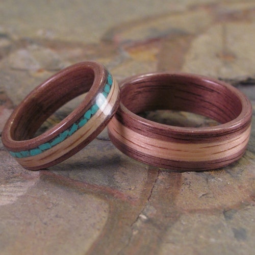 Handmade Turquoise and Oak Inlay In Walnut Bentwood Wedding Set, Anniversary Ring