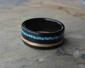 Bentwood Ebony Ring With Oak and Turquoise Inlay Wedding Ring Anniversary Band