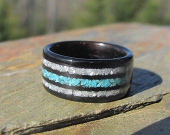 Bentwood Ebony Ring with Double Mother of Pearl Inlay and Middle Turquoise Inlay