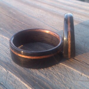 Ebony Bentwood Ring Set with Walnut Liner and Offset and Middle Walnut Inlay Wedding Band, Anniversary Ring image 2