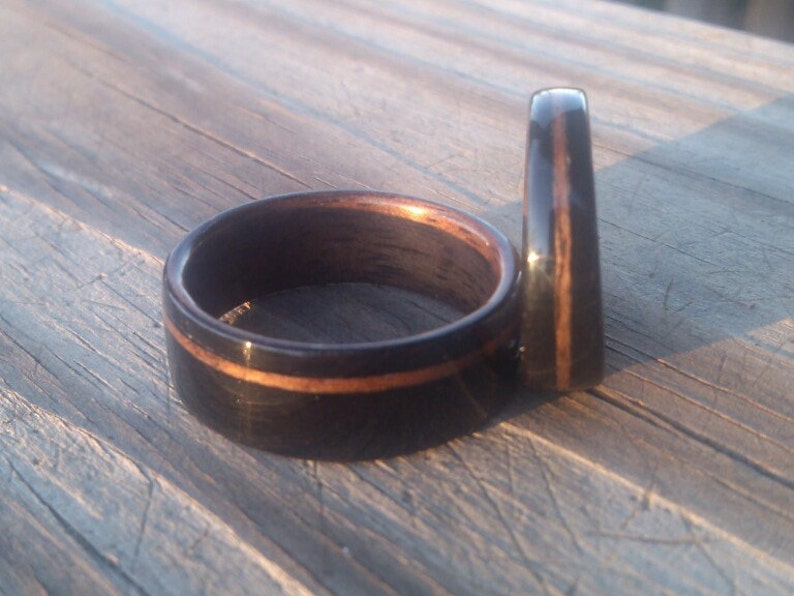 Ebony Bentwood Ring Set with Walnut Liner and Offset and Middle Walnut Inlay Wedding Band, Anniversary Ring image 2