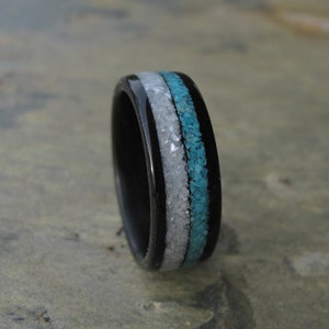 Ebony Bentwood Ring with Crushed Mother of Pearl and Crushed Turquoise Inlay Wedding Ring Anniversary Ring image 3