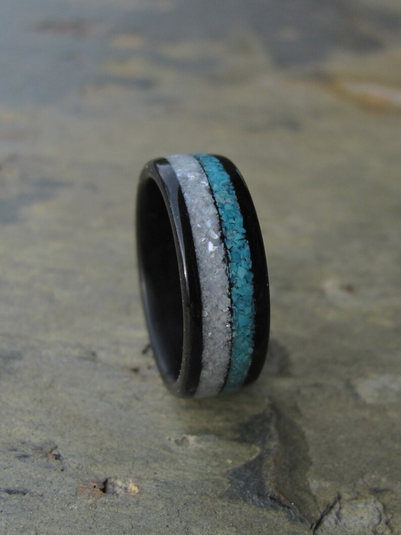Ebony Bentwood Ring with Crushed Mother of Pearl and Crushed Turquoise Inlay Wedding Ring Anniversary Ring image 3