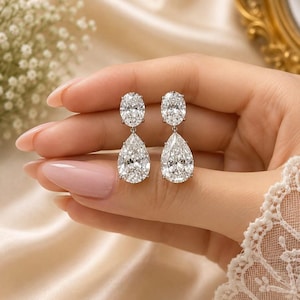 Moissanit droppörhängen, ovala och päronslipade dingelörhängen, brudörhängen i sterlingsilver, eleganta bröllopssmycken, present till henne