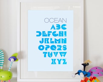 Alphabet Poster Ozean - Dekoration Kinderzimmer Tiere ABC Poster 8 x 10"