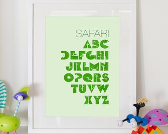 Alphabet Print Safari - Home Decor Nursery Animals ABC Poster 8x10"