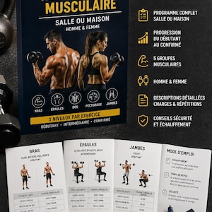 Könnte beinhalten: Ein digitaler Fitness-Ratgeber mit dem Titel GUIDE COMPLET RENFORCEMENT MUSCULAIRE, der Personen beim Training zeigt. Das Dokument enthält Abschnitte zu Muskelgruppen, Trainingsniveaus und detaillierte Anleitungen mit Gewichtsangaben.