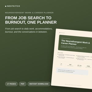 Può includere: Un planner digitale intitolato The Neurodivergent Work & Career Planner di Nestkitco. Il documento è composto da 17 pagine, disponibile in PDF per il download immediato nei formati US e A4. Include sezioni per routine lavorative, segnali di burnout e adattamenti sul posto di lavoro.