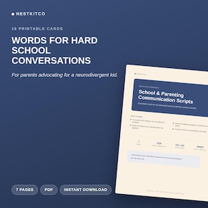 Könnte beinhalten: Ein Set aus 16 druckbaren Karten mit dem Titel Words for Hard School Conversations, konzipiert für Eltern, die sich für ein neurodivergentes Kind einsetzen. Das Dokument enthält School and Parenting Communication Scripts, 7 Seiten, PDF und Sofort-Download.