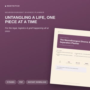 Puede incluir: Un planificador digital titulado The Neurodivergent Divorce & Separation Planner sobre un fondo crema con acentos morados oscuros. El texto incluye Untangling a Life, One Piece at a Time, 9 pages, PDF, US + A4 e Instant Download.