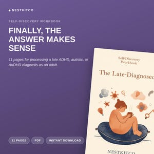 以下が含まれることがあります： The Late-Diagnosedというタイトルの自己発見ワークブック。濃い青色のクッションに座ってマグカップを持つ人物のイラストと、周囲に小さなアイコンが描かれています。テキストにはNestkitco、Self-Discovery Workbook、Finally, The Answer Makes Senseと書かれています。