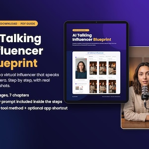 May include: A digital PDF guide titled AI Talking Influencer Blueprint, featuring 23 pages and 7 chapters. The cover displays text about creating virtual influencers, a tablet showing step-by-step screenshots, and a person speaking into a microphone.